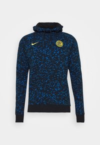 Sweat à capuche noir avec motif abstrait bleu, doté d'une capuche à cordon, de manches longues et d'un logo jaune sur la poitrine. Poignets et ourlet côtelés.