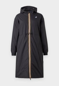 Black waterproof long coat with a hood, featuring a cinched waist, elastic cuffs, and a zipper closure with yellow and blue stripes.