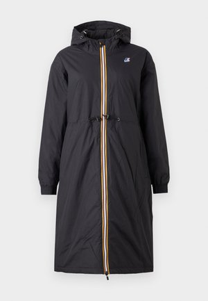 Black waterproof long coat with a hood, featuring a cinched waist, elastic cuffs, and a zipper closure with yellow and blue stripes.