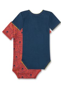 Kurzarmstrampler in Marineblau und Rot mit einem Bärenmuster. Aus Baumwolle, mit kontrastierendem gelbem Saum an Hals und Ärmeln.