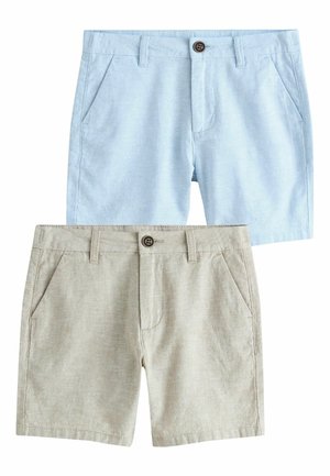 Light blue and beige casual shorts with front pockets, belt loops, and button closures, displayed against a white background.