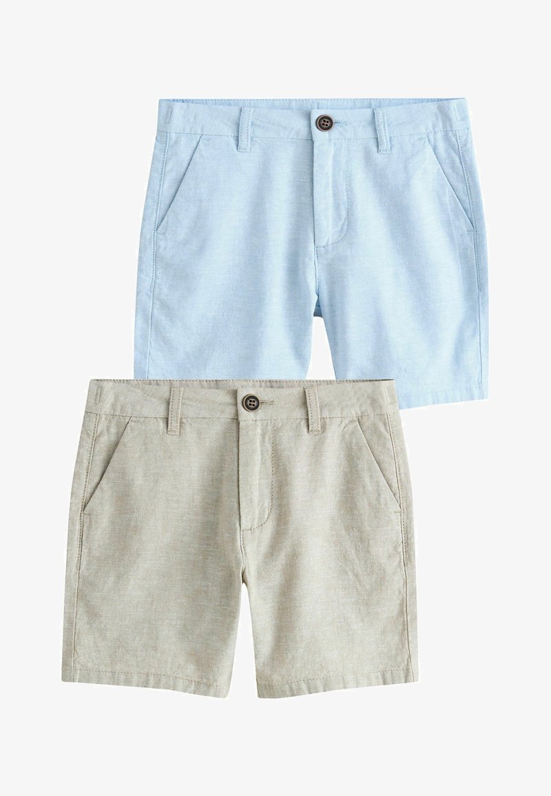 Shorts casuales en azul claro y beige con bolsillos delanteros, trabillas para cinturón y cierres de botón, exhibidos sobre un fondo blanco.