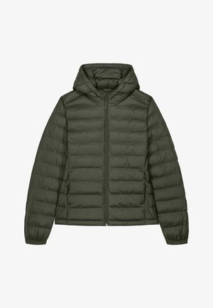 Tume-roheline kapuutsiga tikitud jakk, millel on ees täielik lukk ja elastsed varrukapitsid, laotatud valgele taustale.