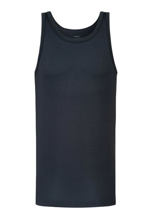 Schwarzes ärmelloses Tanktop mit rundem Ausschnitt, glatter Textur und figurbetontem Design.