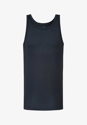 Schwarzes ärmelloses Tanktop mit rundem Ausschnitt, glatter Textur und figurbetontem Design.
