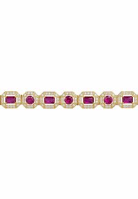 Gold bracelet featuring octagonal links, set with alternating rectangular and round pink gemstones, accented by small clear diamonds.