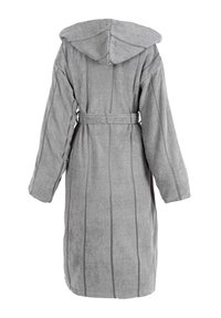 Gray hooded bathrobe with a textured fabric, featuring vertical stripes and a tie-belt. The design includes wide sleeves and a relaxed fit.