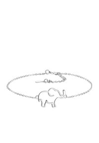 Bracciale a forma di elefante in argento con una delicata catena, caratterizzato da un design minimalista e una chiusura a gancio.