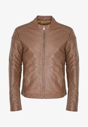 Bruine leren jas met een rechtopstaande kraag, een rits aan de voorkant en twee zijzakken. Glad oppervlak, aansluitend ontwerp en subtiele naadafwerking.