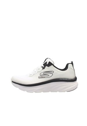 Sneaker bianca Skechers D'LUX·WALKER con accenti neri, suola ammortizzata e logo sul lato, vista dal lato esterno.