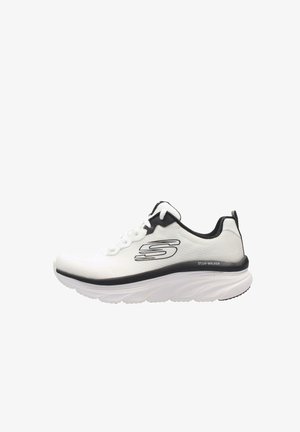 Sneaker bianca Skechers D'LUX·WALKER con accenti neri, suola ammortizzata e logo sul lato, vista dal lato esterno.