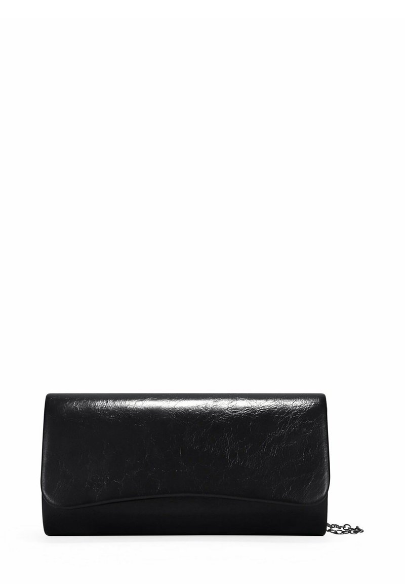 Clutch de cuero negro con una textura suave, forma rectangular y detalles con borde en la parte delantera. Incluye una correa de cadena desmontable.