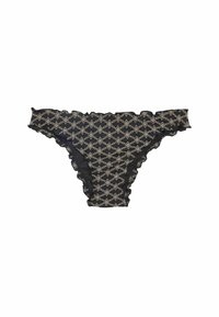 Lenjerie neagră cu o margine ondulată, având un model geometric auriu pe întreaga suprafață. Textură de țesătură moale, concepută pentru o ajustare strânsă.