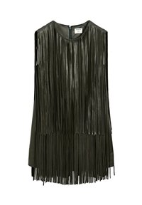 Mouwloze zwarte leren jurk met gelaagde lange franjes aan de voorkant en zoom, ronde halslijn en ritssluiting aan de achterkant.