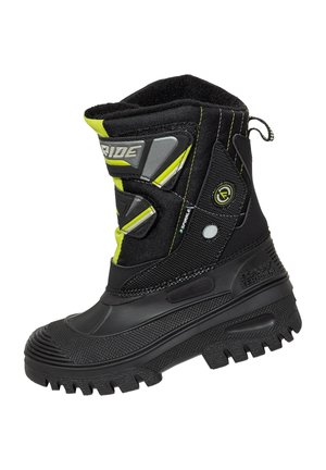 Black winter boot with bright green accents, textured fabric upper, rubber sole, and adjustable strap details for secure fit and grip.