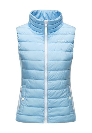  Lichtblauw gewatteerd mouwloos vest met een hoge kraag, ritssluiting aan de voorkant en twee ritszakken aan de zijkant. Witte accenten accentueren het ontwerp.