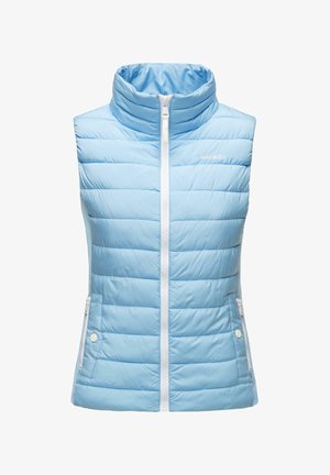 Lichtblauw gewatteerd mouwloos vest met een hoge kraag, ritssluiting aan de voorkant en twee ritszakken aan de zijkant. Witte accenten accentueren het ontwerp.