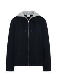 Veste zippée navy avec capuche grise à cordon de serrage et poches avant, présentée sur fond blanc.