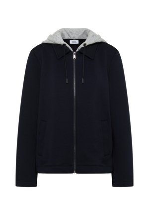 Navy zip-up jacket with attached grey drawstring hood and front pockets, displayed on white background.
