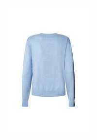 Svetlobluzi pleteni pulover, krojeni ovratnik, dolgi rokavi, rebrasti manšeti in rob, gladka tekstura, brez vidnih vzorcev ali dodatkov.