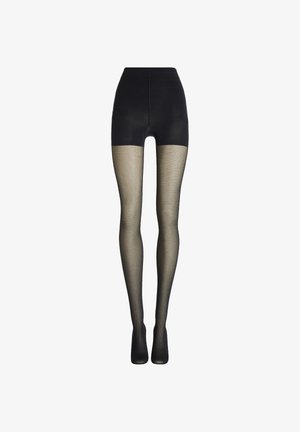 Schwarze Netzstrumpfhose mit fester schwarzer, hoch taillierter Figurform. Das Material ist Nylon mit einer strukturierten, offen gewebten Optik.