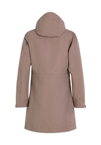 Długi, jasnobrązowy płaszcz przeciwdeszczowy z kapturem, prosty krój i długie rękawy, pokazany od tyłu na białym tle.