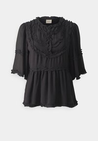Blusa nera con dettagli arricciati, scollatura alta e maniche larghe. Realizzata in tessuto leggero, presenta una silhouette svasata e una finitura texturizzata.