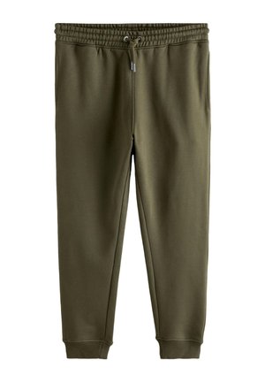 Olivgröna sweatpants i mjukt tyg med elastisk midja och dragsko, sidofickor och ribbade mudd vid anklarna.
