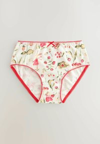 Baumwollslip mit einem cremefarbenen Hintergrund, verziert mit einem floral und verspielten Charakterdruck in Pink und Grün. Rote Picot-Kanten und eine Schleifenakzent.