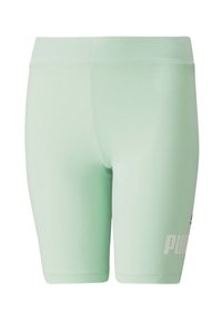 Mentolově zelené sportovní šortky vyrobené z elastické tkaniny. Mají široký pas a bílé logo potištěné na dolní levé straně. Hladký povrch.