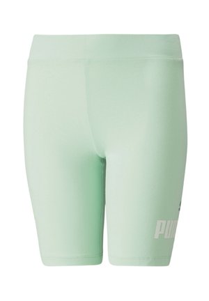 Mint-vihreät urheilushortsit, jotka on valmistettu joustavasta kankaasta. Ominaisuuksiin kuuluu leveä vyötärönauha ja valkoinen logo painettuna vasemmalle alareunalle. Sujuva pinta.