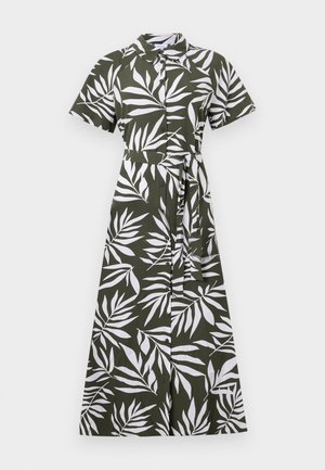 Viher midi-mekko, jossa on valkoisia lehtikuvioita, lyhyet hihat, kaulus, napitus edessä ja vyötärönauha, valmistettu sileästä kankaasta.