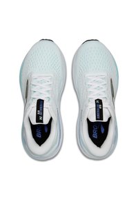 Weiße Sportschuhe mit einem atmungsaktiven Mesh-Obermaterial, hellblauen Akzenten und einer gepolsterten Sohle. Markenlogo auf der Zunge.