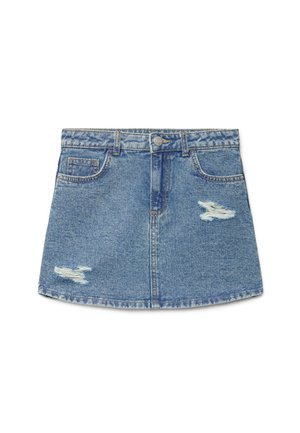 Gonna di denim blu con bottoni frontali, passanti per cintura, due tasche frontali e due aree strappate consumate su ciascun lato.