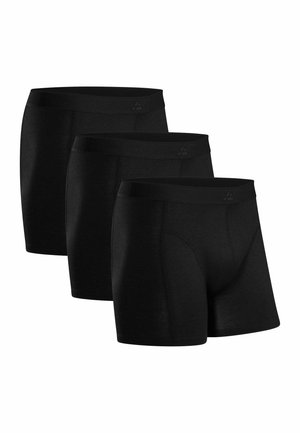 Tre sorte bokserbriefs arrangeret i en trappestak, der viser side- og frontvisninger på en hvid baggrund.
