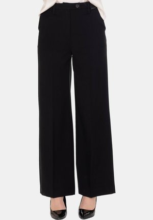 Pantaloni neri a gamba larga con cuciture frontali, abbinati a décolleté neri con punta a stiletto, mostrati dalla vita ai piedi su sfondo bianco.