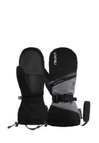 Schwarze und graue isolierte Fäustlinge mit einem Softshell-Design, Lederhandfläche, elastischem Handgelenkbund und verstellbarem Riemen für einen sicheren Sitz.