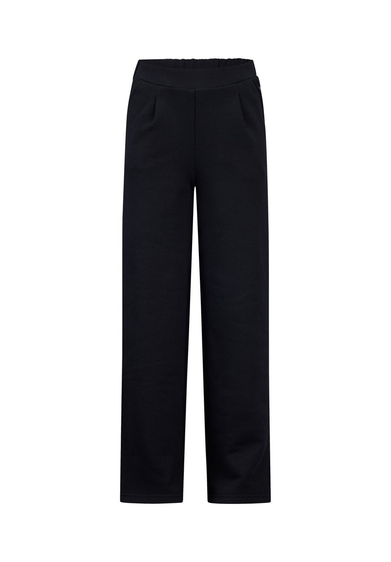 Schwarze, weite Hosen aus weichem Stoff. Mit einem glatten elastischen Bund und dezenten Falten auf der Vorderseite für eine lässige Passform.