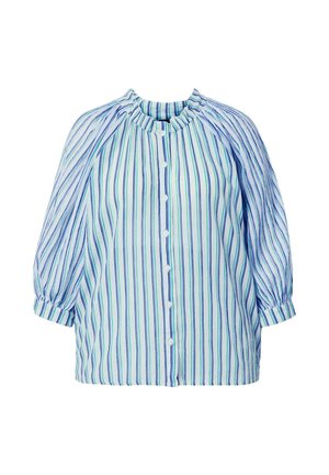 Jasnoniebieska bluzka z pionowymi granatowymi i zielonymi paskami, zapięcie na guziki z przodu, marszczony okrągły dekolt i trzy-ćwiartkowe bufiaste rękawy z mankietami.