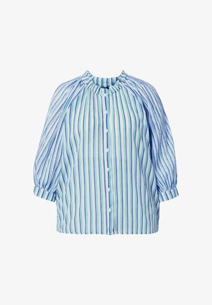 Hellblaue Bluse mit vertikalen dunkelblauen und grünen Streifen, vorn geknöpft, geraffter Rundhalsausschnitt und dreiviertel Puffärmel mit Bündchen.