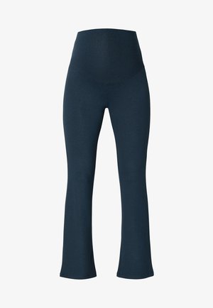 Leggings évasés en bleu marine, extensibles avec une taille haute. Texture lisse sans coutures visibles. Conçus pour le confort et la flexibilité.