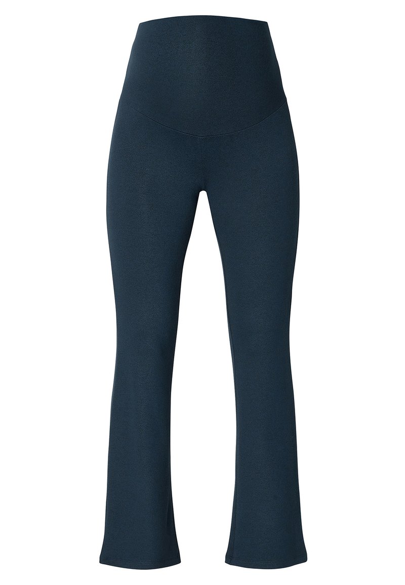Marineblauwe, rekbare flare leggings met een hoge tailleband. Glad oppervlak zonder zichtbare naden. Ontworpen voor comfort en flexibiliteit.