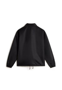 Black windbreaker jacket featuring a collar, long sleeves with elastic cuffs, and an adjustable drawstring hem for a customizable fit.