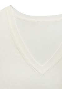 Helle Creme V-Ausschnitt-Strickjacke mit geripptem Ausschnitt, weicher Textur und glattem Stoff. Besitzt ein klassisches Design, das sich gut zum Schichten eignet.