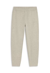Pantalones jogger ajustados de color gris claro, hechos de una tela suave con cintura elástica. Cuenta con bolsillos laterales y un logo minimalista en la pierna izquierda.