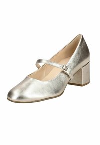 Scarpa con tacco alto in argento metallizzato, punta rotonda, cinturino alla Mary Jane e tacco a blocco. Tessuto liscio con una leggera lucentezza e senza motivi.