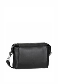 Schwarze Leder-Crossbody-Tasche mit strukturierter Oberfläche, Reißverschluss, verstellbarem Tragegurt und silbernen Hardware-Akzenten. Kompakte rechteckige Form.