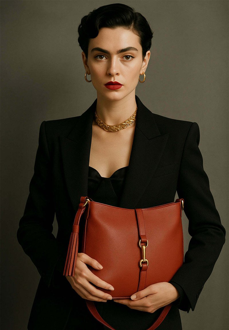 Femme aux cheveux courts sombres portant un blazer noir et des bijoux en or tient un sac à main en cuir marron avec une frange contre un arrière-plan gris.
