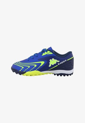 Baskets de sport bleu vif avec des accents jaune fluo, dotées d'un dessus texturé et d'une semelle extérieure à multi-crampons pour la traction. Marque "Kappa" visible.