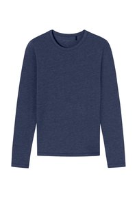 Long-sleeve navy blue t-shirt made of soft, textured fabric. Features a crew neck and a relaxed fit with no visible hardware or patterns.